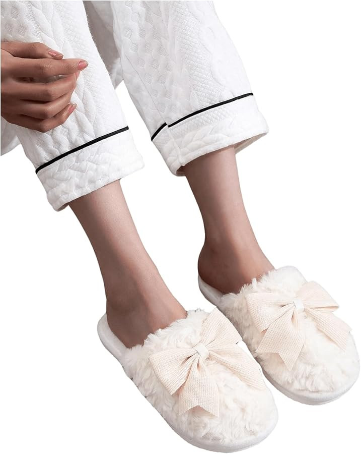Verdusa Women's Bow Memory Foam Slippers Warm Slip On Faux Fur House Slippers | Amazon (US)