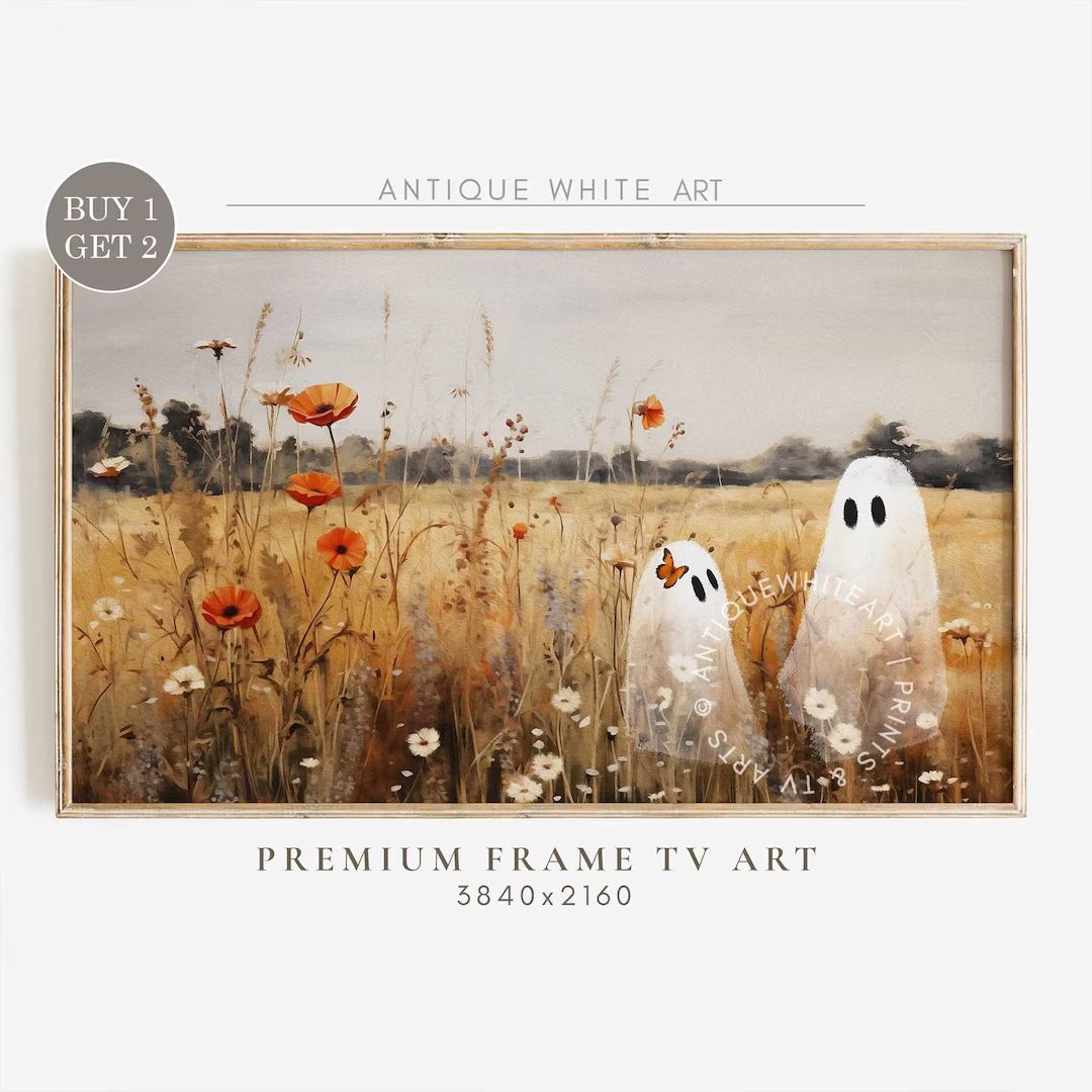 Cute Ghosts in Wildflowers Landscape, Frame TV Art, Halloween Art for Tv, Wildflowers Vintage Pai... | Etsy (US)