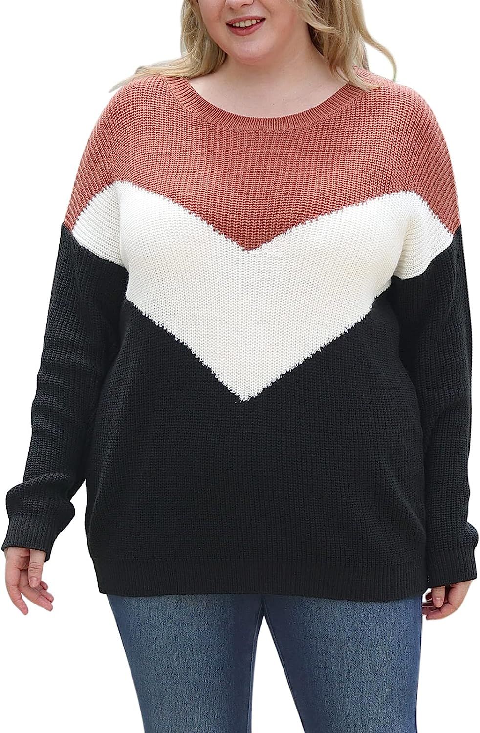 Celkuser Women's Plus Size Long Sleeve Loose Pullover Sweater Crew Neck Striped Color Block Casua... | Amazon (US)