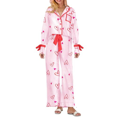 Thopavenoir Bow Pajamas Set for Women 2 Piece Lounge Set Y2k Girls Cute Outfits Set Long Sleeve Bow Knot Printing Shirt Pants (Pink #H, L) | Amazon (US)