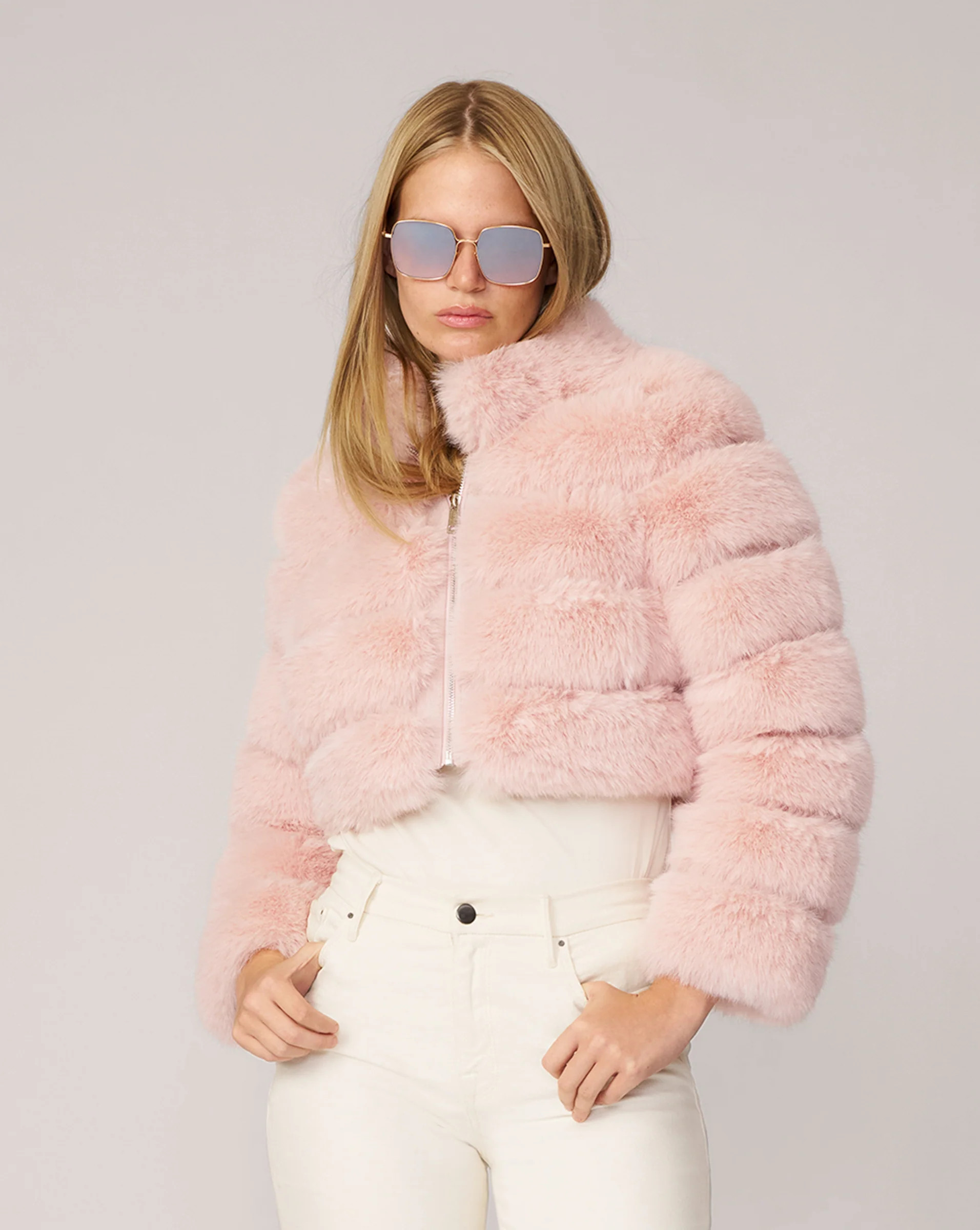 Adrienne Landau Chalk Pink High Collar Faux Fox Fur Jacket | Adrienne Landau
