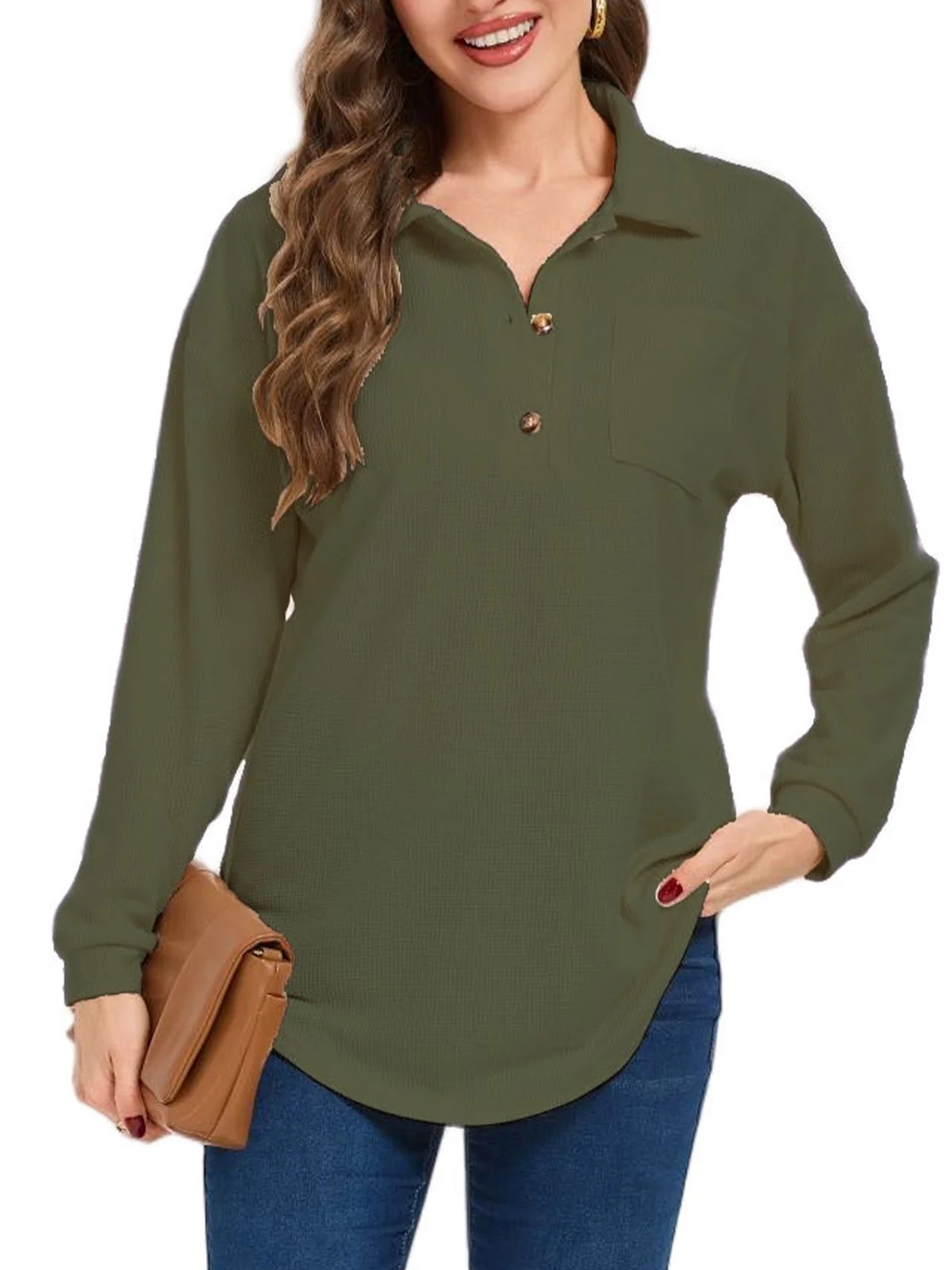 Cuteduck Women's Waffle Knit Tops Henley Casual Shirts Long Sleeve V Neck Solid Color Casual Tuni... | Walmart (US)