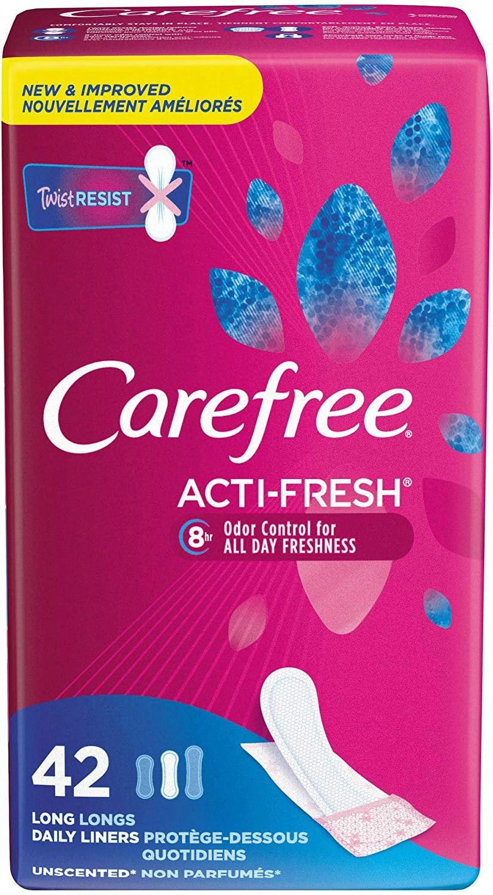 Carefree Acti-Fresh Body Shape Long to-Go 8 Hour Odor Control Pantiliners Unscented 42 Uds | Walmart (US)