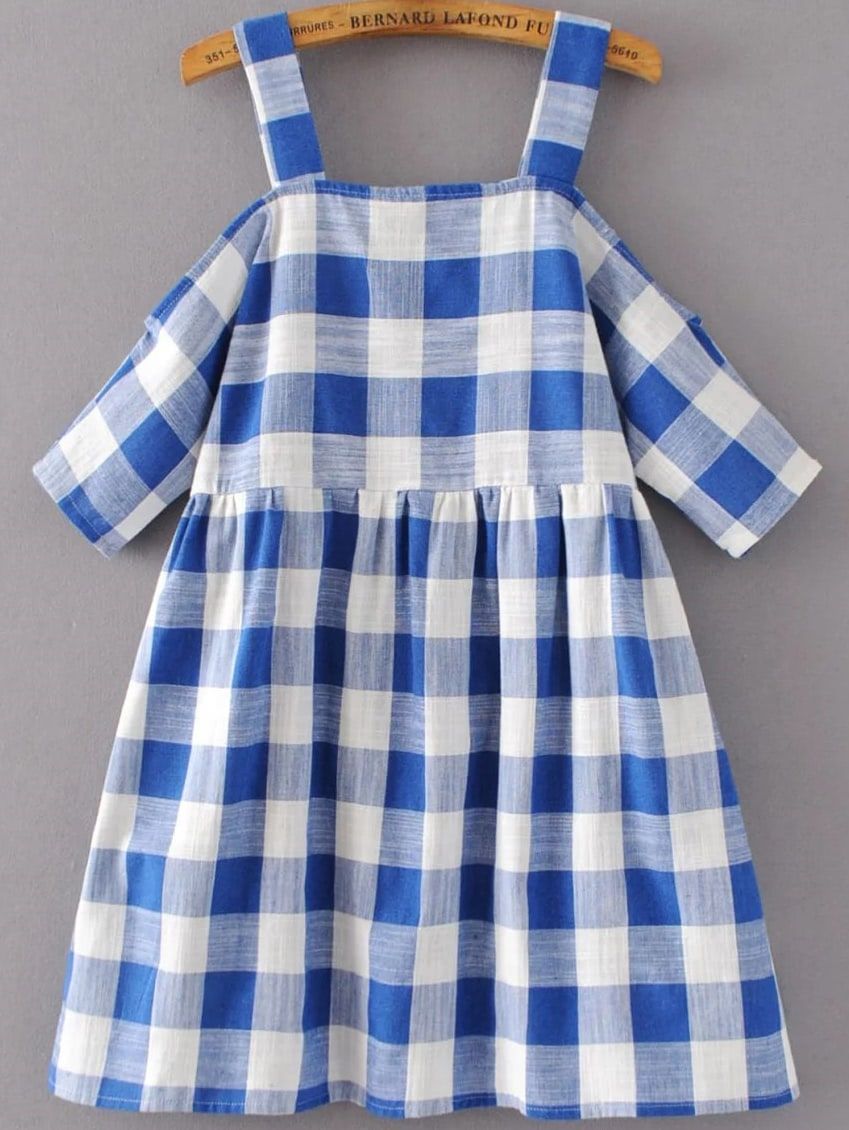 Cold Shoulder Sleeve Gingham Cute Dress | SHEIN