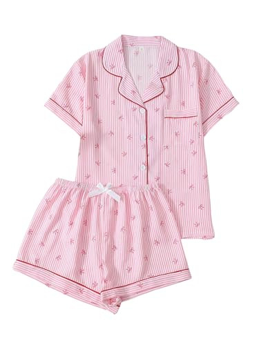 SHENHE Women's Pajama Set Bow Print Short Sleeve Button Down Sleep Shirt Pj Shorts Loungewear Red Trim Pink Small | Amazon (US)
