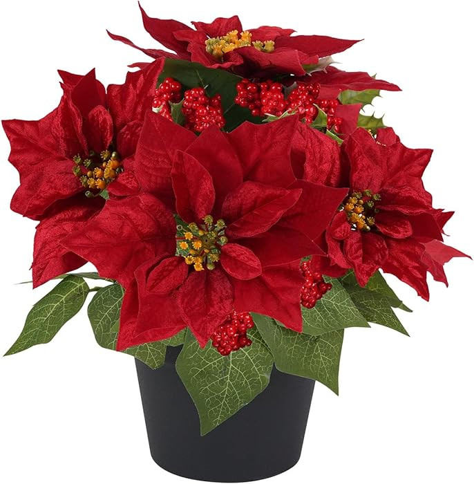 14" Artificial Poinsettias Christmas Plants with Red Berry Fake Poinsettia Flowers in Pot for Hom... | Amazon (US)