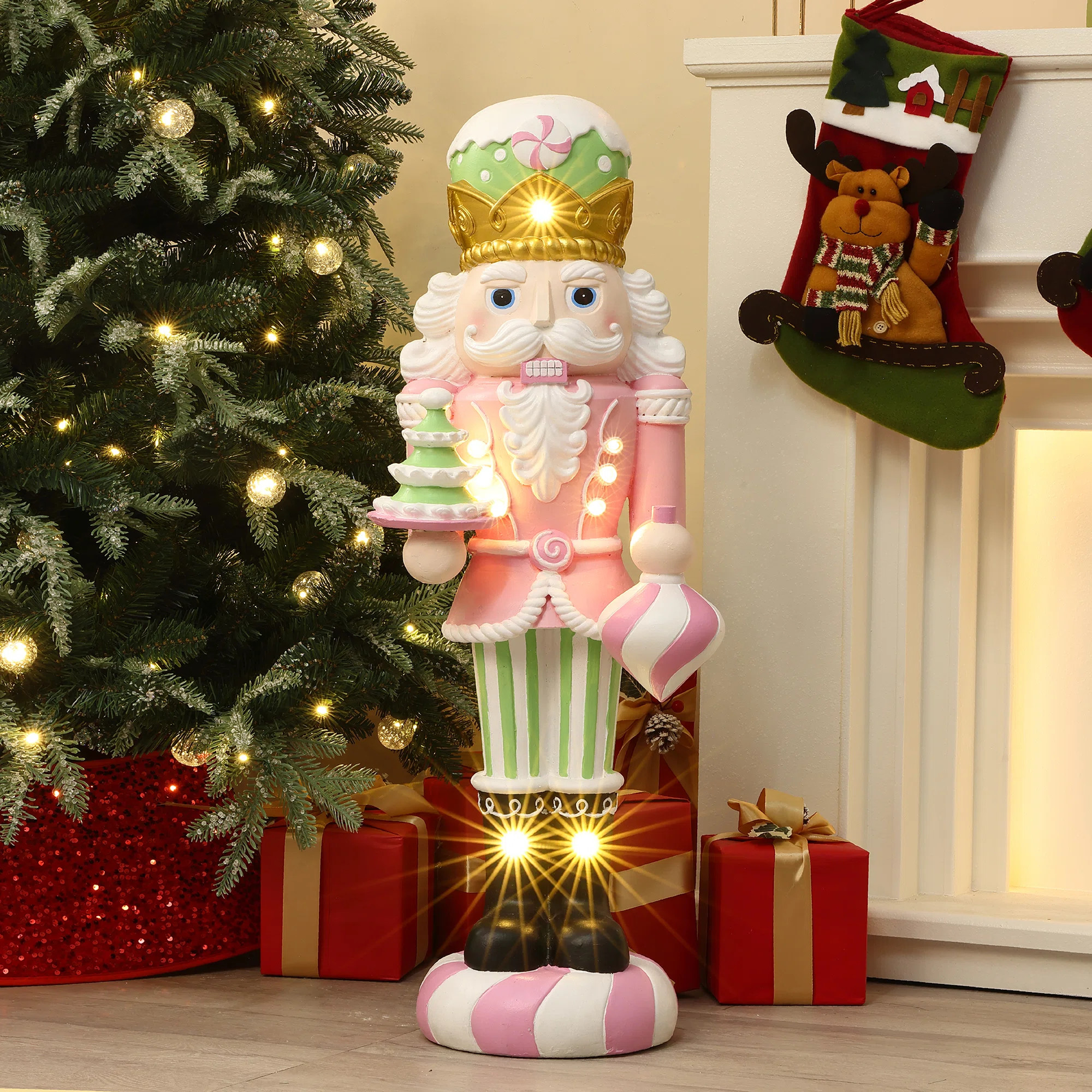 3Ft Lighted Nutcracker Pink Soldier with Candy Tree, Battery Operated Holiday Decoration | Wayfair North America