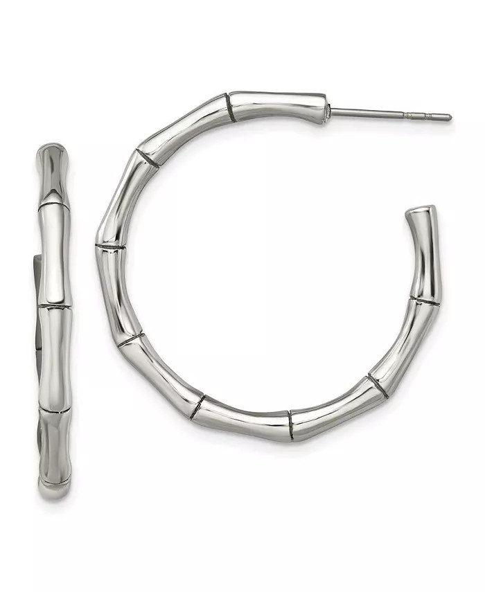 Stainless Steel Polished Bamboo Design J Hoop Earrings | Macy's