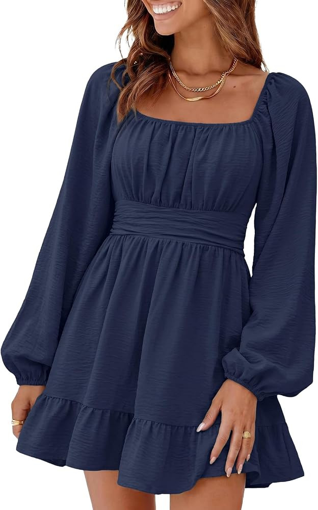 Dokotoo Womens Dress Lantern Sleeve Elastic Waist Tie Backless Mini Dress | Amazon (US)