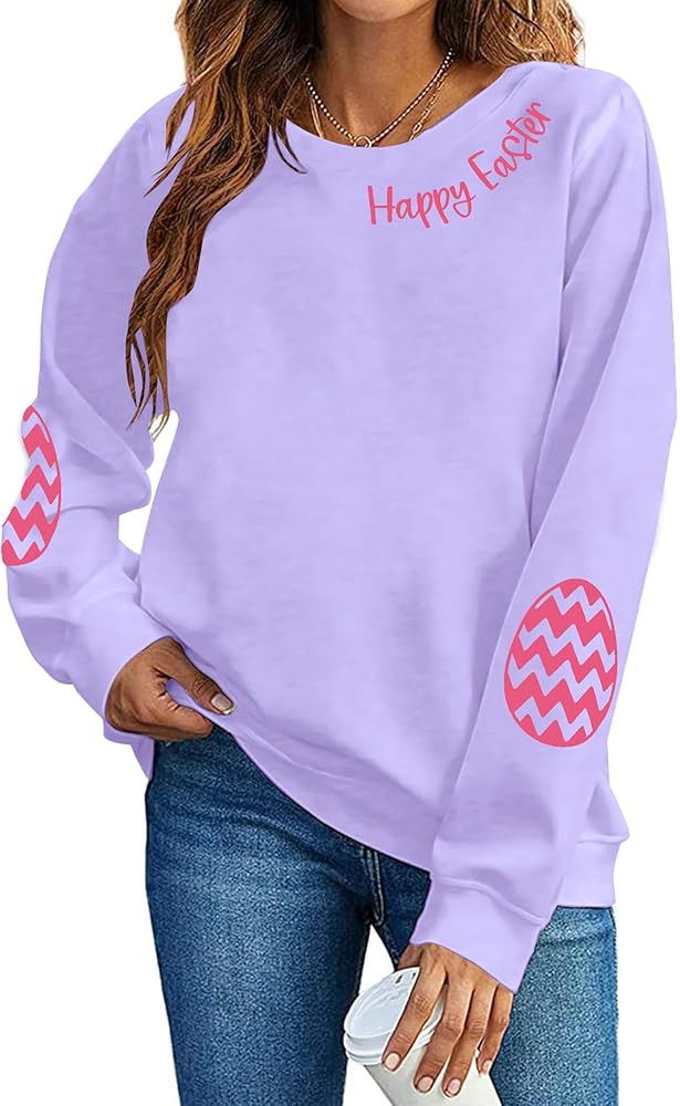 BANGELY Women Happy Easter Sweatshirt Cute Easter Egg Graphic Long Sleeve Shirt Easter Letter Pri... | Amazon (US)