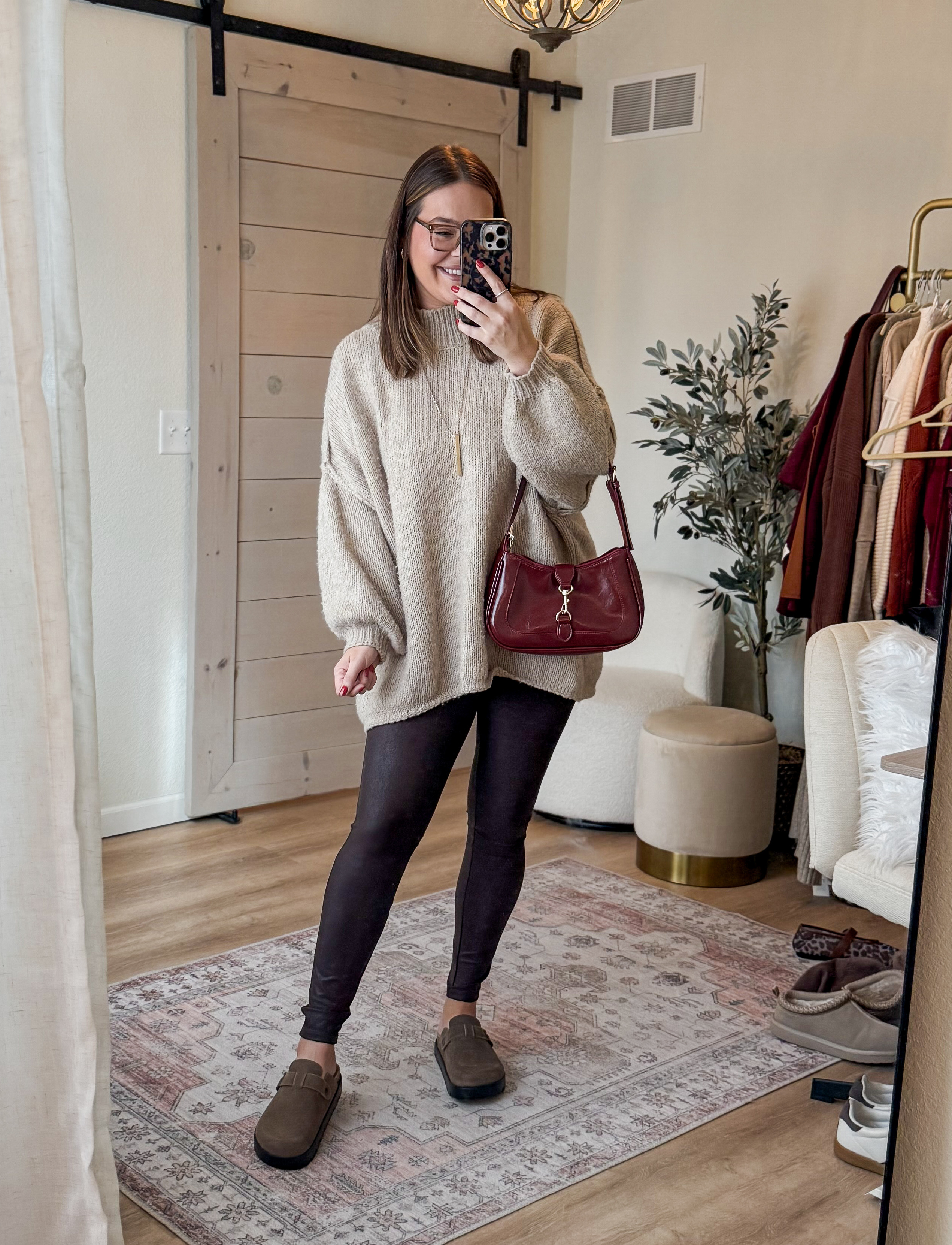 Fall or Thanksgiving outfit inspo // neutral outfit with clogs and burgundy purse // switch out the shoes for a dressier look! 

#LTKStyleTip #LTKMidsize #LTKHoliday