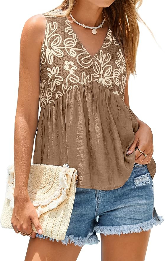 Glamaker Womens Summer Crochet Embroidered Tank Tops Babydoll Flowy Peplum Blouse Sleeveless V Ne... | Amazon (US)