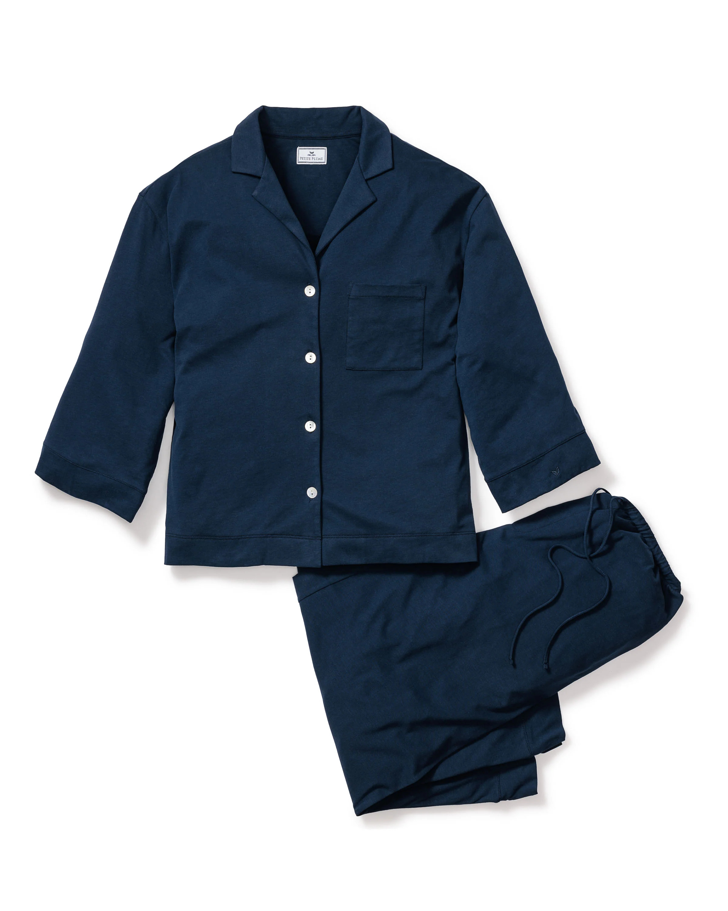 The Olivia Wide Leg Pima Pajama Set in Navy | Petite Plume