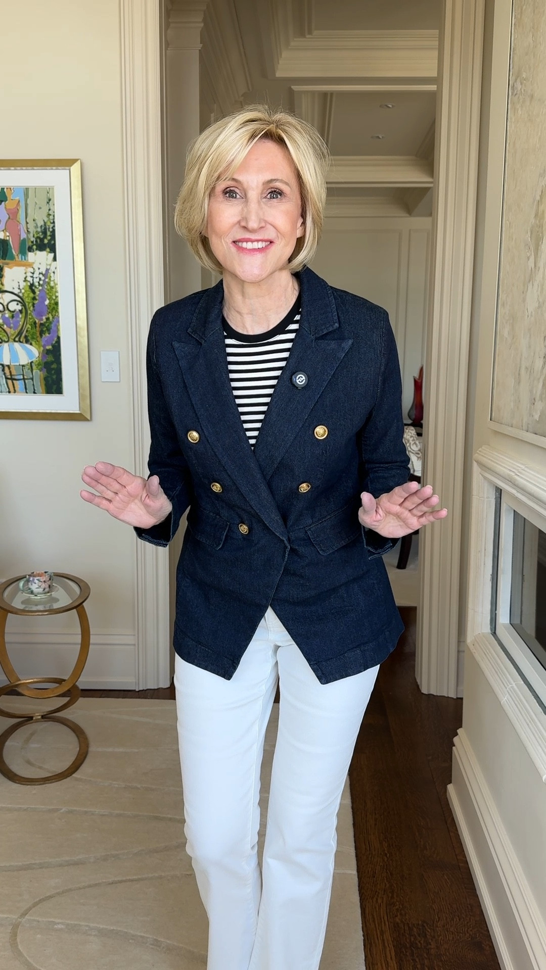 Macy VIP Spring Fashion Sale is on with 25% OFF this chic double-breasted denim blazer with a nautical vibe. The sporty striped tee and slimming high-waisted white bootcut jeans help create a shipshape look!

Love the geometric gold sandals that mirror the gold buttons on the blazer - a work of art!

This @Macys casual spring outfit is the perfect way to look wow on the weekend! Great for vacation too! Everything fits true to size. I’m a size 6, small. Shoes are size 8.

Macy’s Spring Fashion Sale 25% OFF *exclusions apply
(03/19 - 03/29).
#macyspartner


#LTKSeasonal #LTKOver40 #LTKSaleAlert