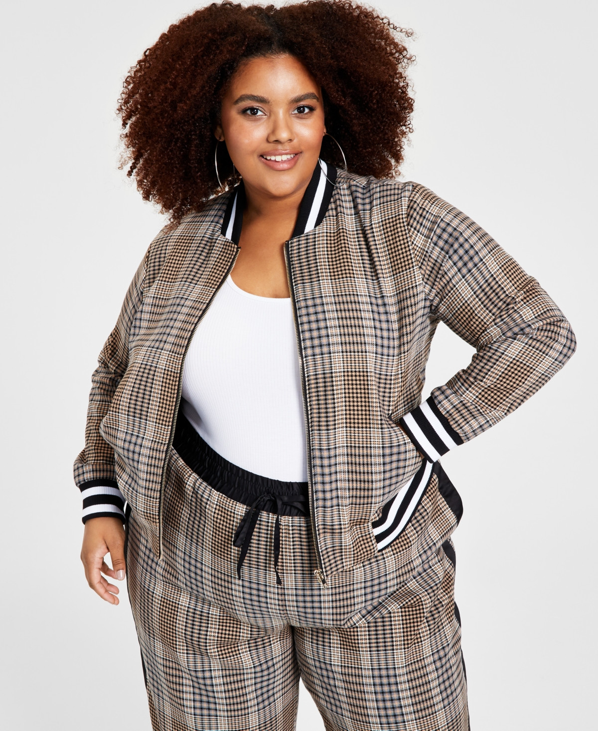 Nina Parker Trendy Plus Size Plaid Bomber Jacket | Macys (US)