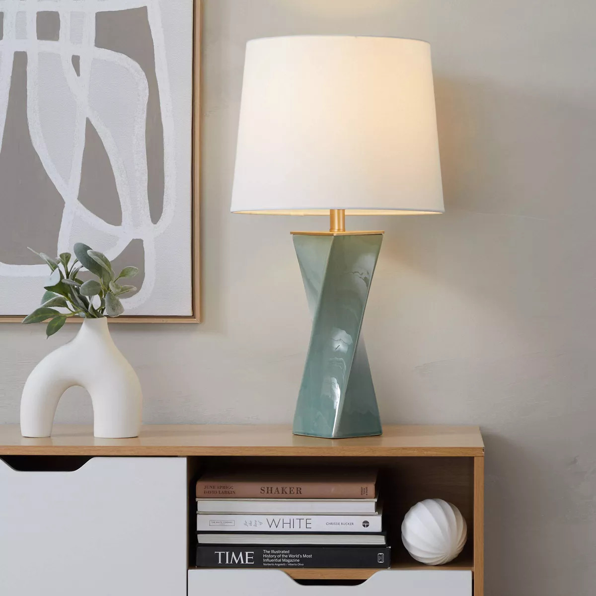 LumiSource Curvo 27" Contemporary Table Lamp Sage Green Ceramic, Gold Metal, and White Linen | Target