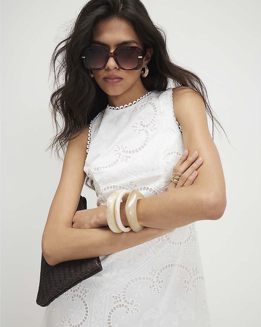 White Broderie Ruffle Hem Midi Dress | River Island UK & IE