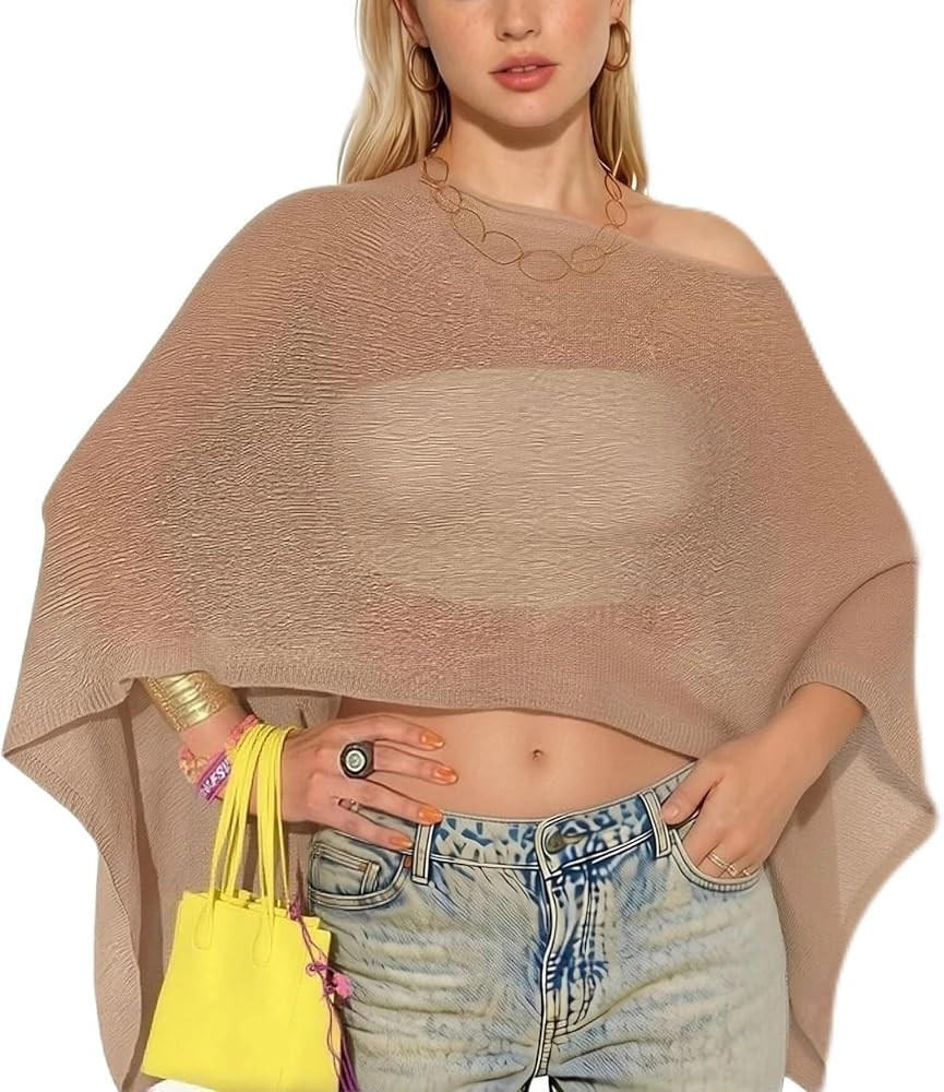 Women Sheer Poncho Top Lightweight Knit Crochet Shrug Bolero Mesh Batwing Sleeve Sweater Cover Up... | Amazon (US)