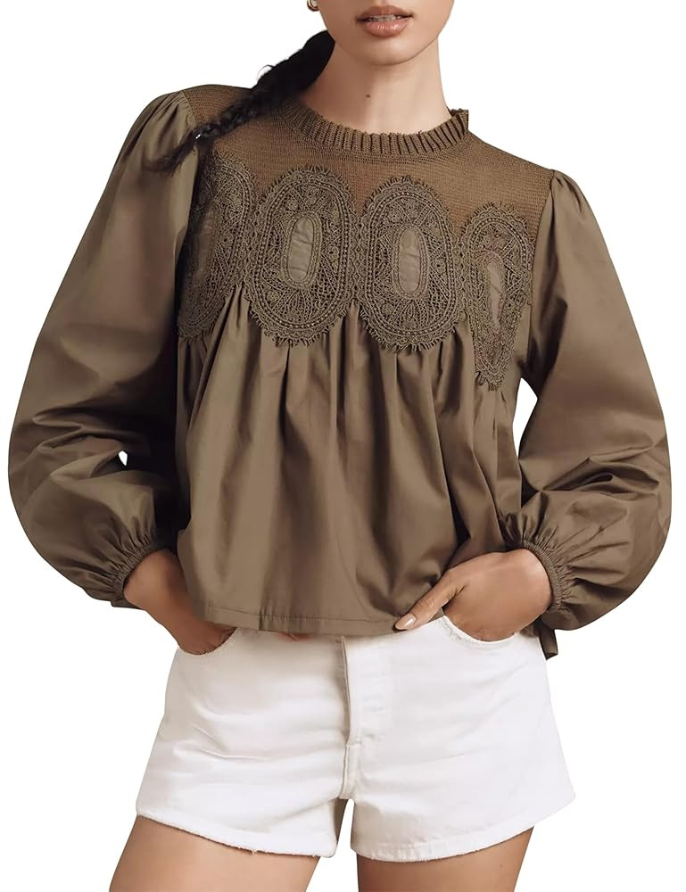 Women Floral Long Sleeve Lace Blouse Mesh Tops Crew Neck Puff Sleeve Babydoll Tops Fall Loose She... | Amazon (US)