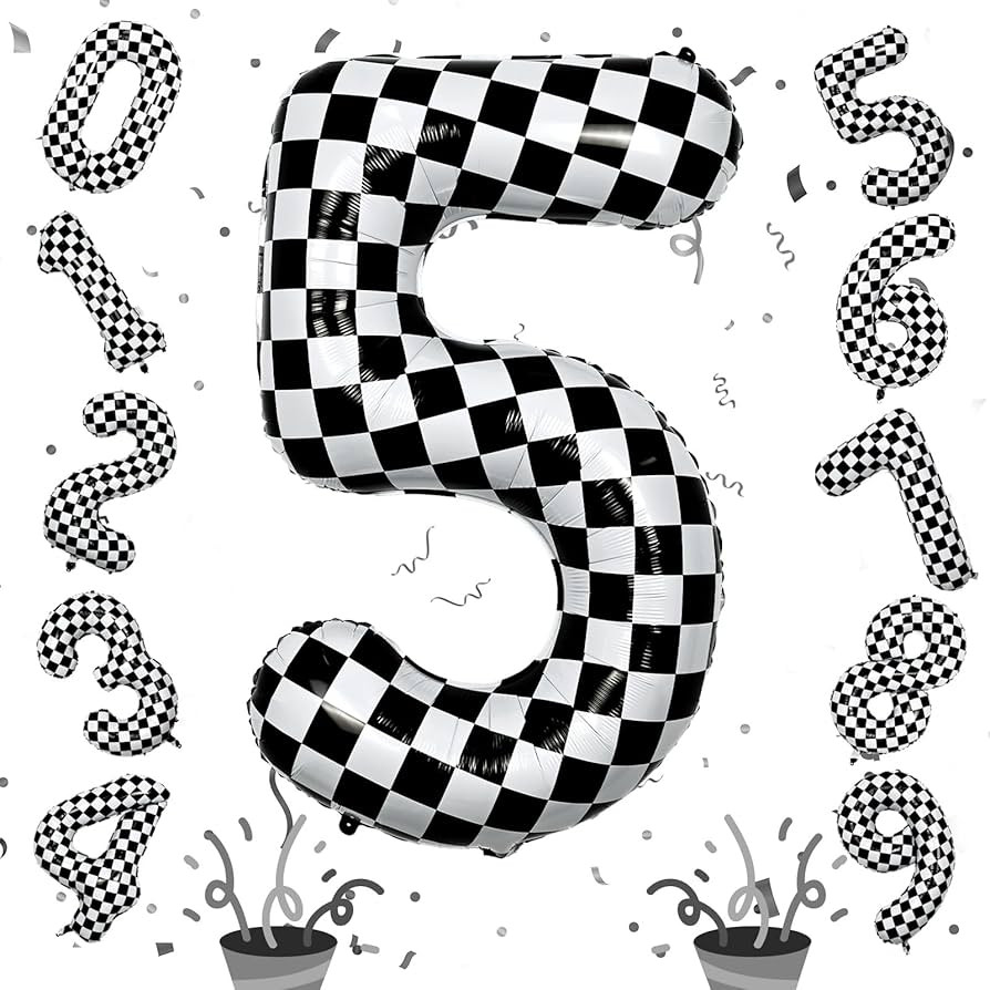 40 Inch Checkered 5 Number Balloons, Large Foil Self Inflating 5th Birthday Racing Balloons Decor... | Amazon (US)