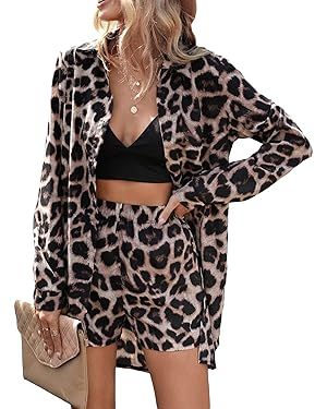 Verdusa Women's 2 Piece Outfit Leopard Print Long Sleeve Button Up Shirts and Short Sets | Amazon (US)