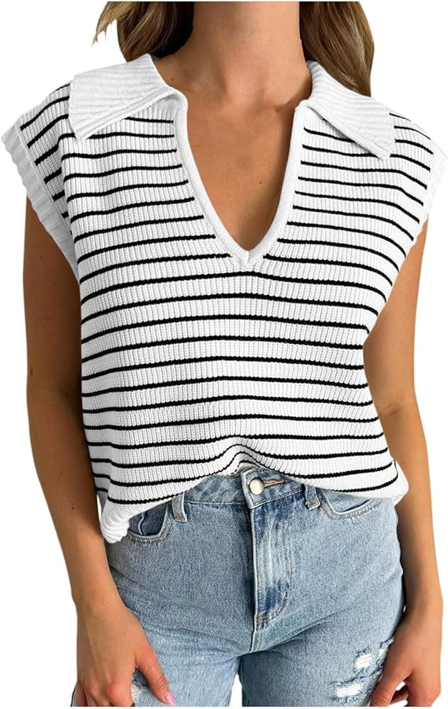 Summer Sweaters for Women 2025 V Neck Cap Sleeve Tops Sleeveless Spring Clothes Sweater Vest Wome... | Amazon (US)