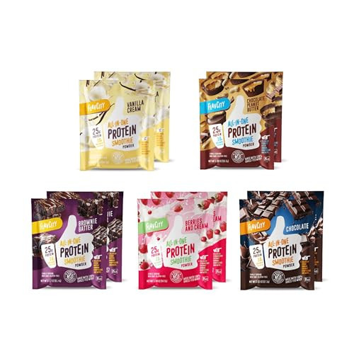 FlavCity Grass Fed Whey Protein Powder - Variety Pack - 25g Protein & 10g Collagen - 10 Single Serve Packets - Made with Organic Reishi & Cordyceps - Gluten Free & No Added Sugars | Amazon (US)