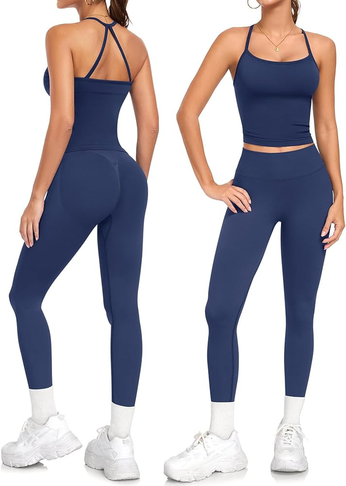 2 Piece Workout Sets for Women Halter Neck Cross Back Tank Top Macthing High Waist Leggings Sets ... | Amazon (US)
