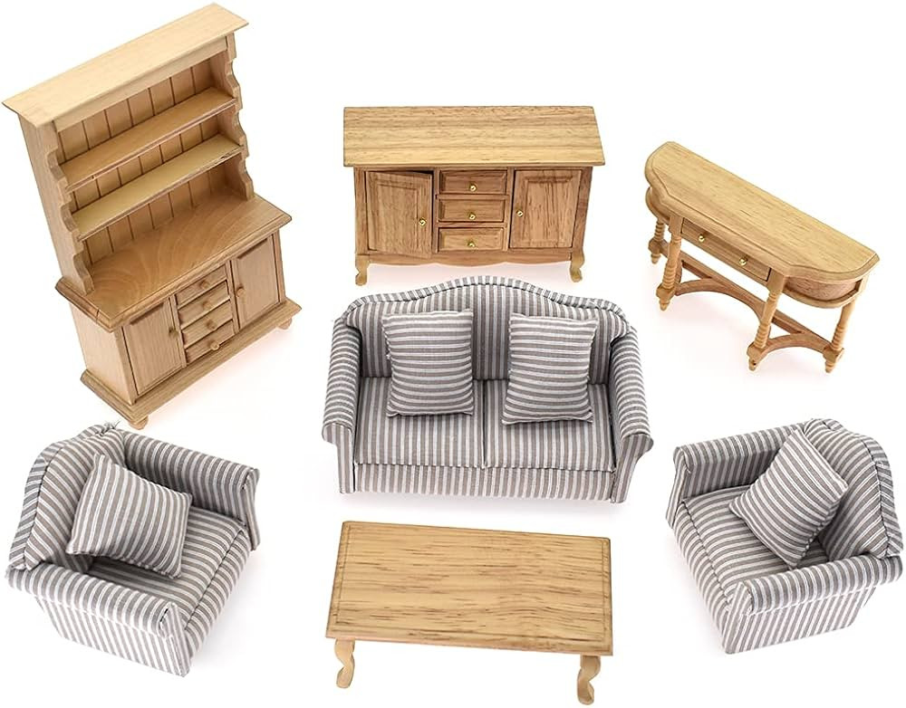 iLAND Miniature Wooden Dollhouse Furniture Set: Sofa, Cabinets, Coffee Table for Dollhouse Living... | Amazon (US)