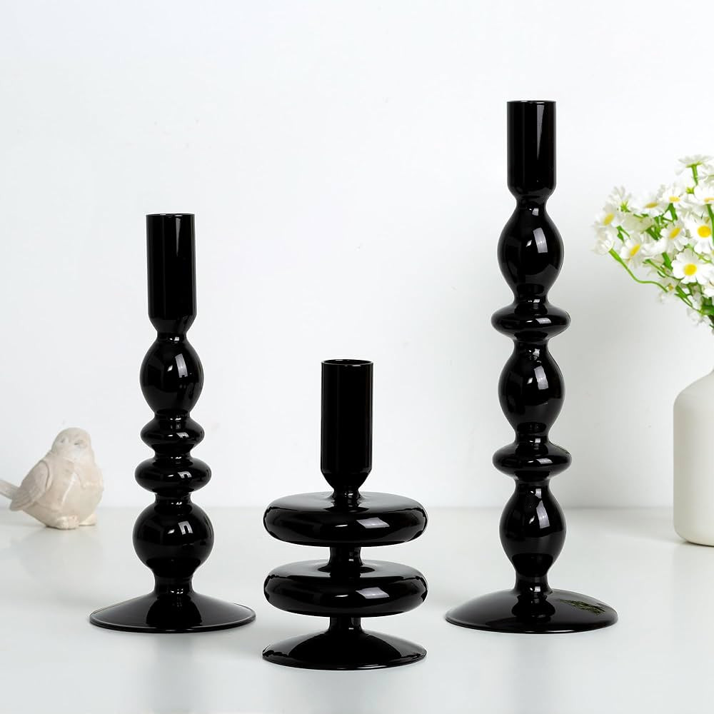 Hewory Glass Candlestick Holders: Black Glass Taper Candle Holders Set of 3 Vintage Candle Stick ... | Amazon (US)