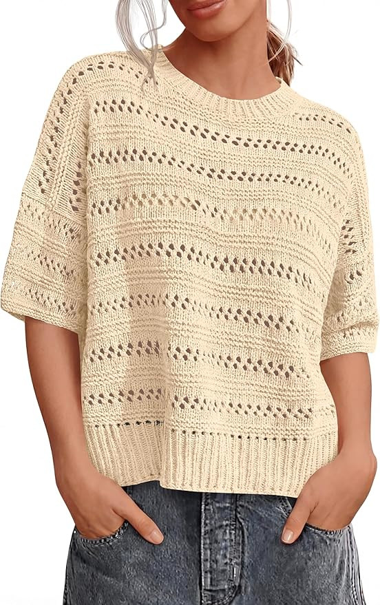 KIRUNDO Crochet Tops for Women Oversized Short Sleeve Sweater Lightweight Knit Pullover 2026 Summ... | Amazon (US)