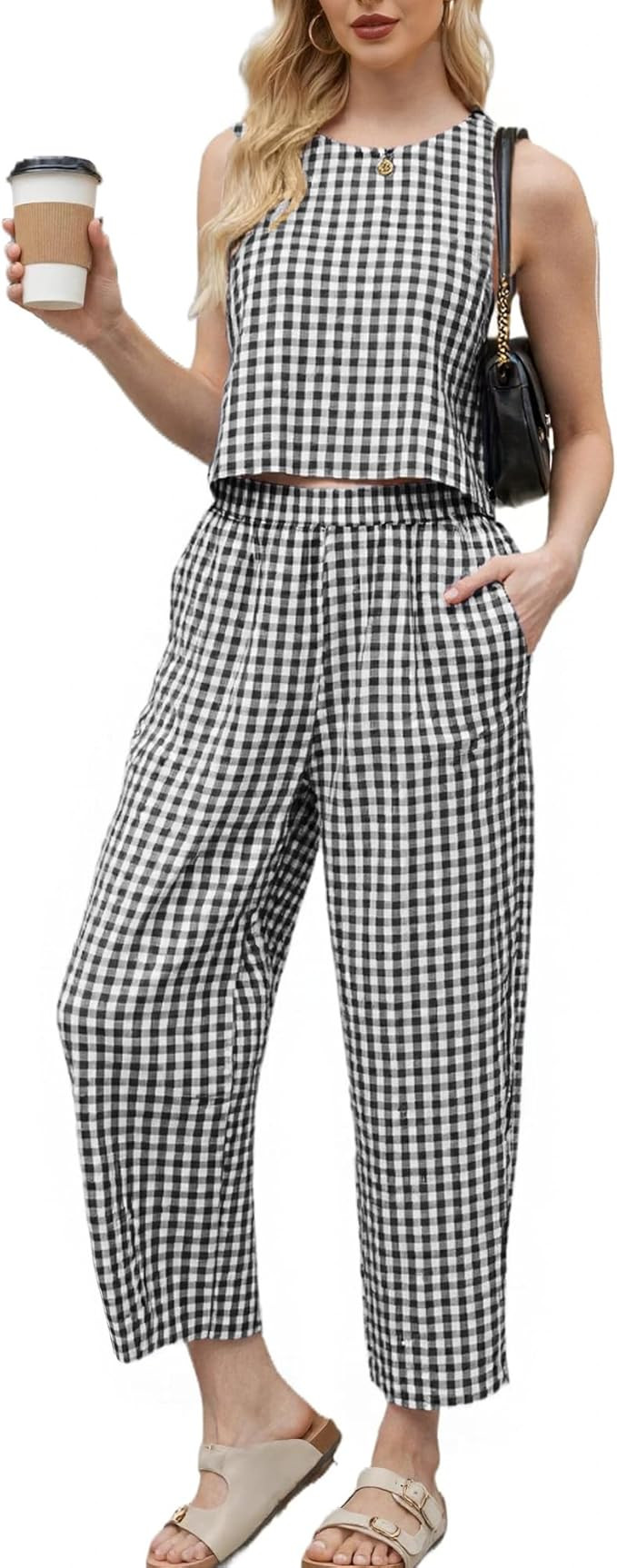 2 Piece Sets For Women 2026 Summer Matching Wide Leg Crop Pants Outfits Travel Vacation Beach Lou... | Amazon (US)