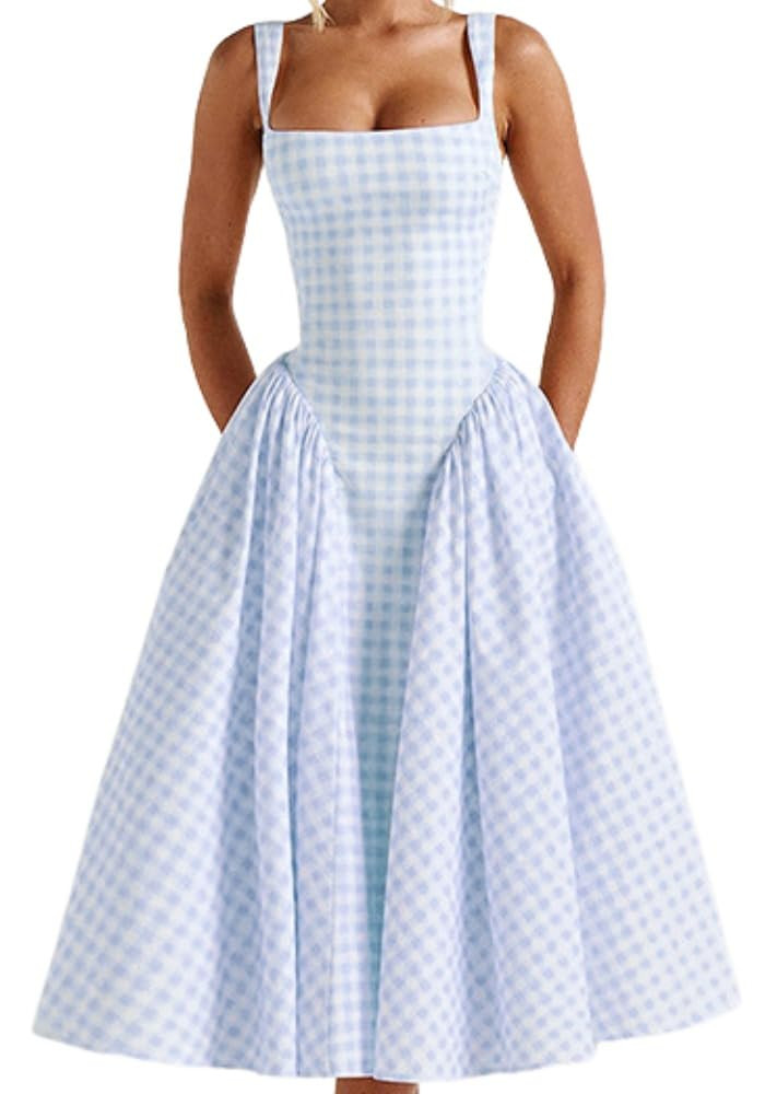 Summer Gingham Long Dress Corset Square Neck Lace Up Casual Sundress Backless A Line Short Dresse... | Amazon (US)