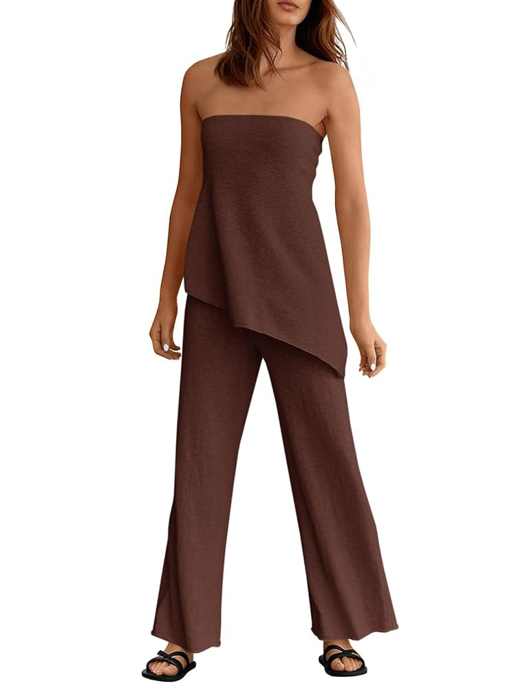 Tankaneo Womens 2 Piece Outfits Asymmetrical Tube Top Wide Leg Pants Knit Vacation Travel 2025 Ma... | Amazon (US)