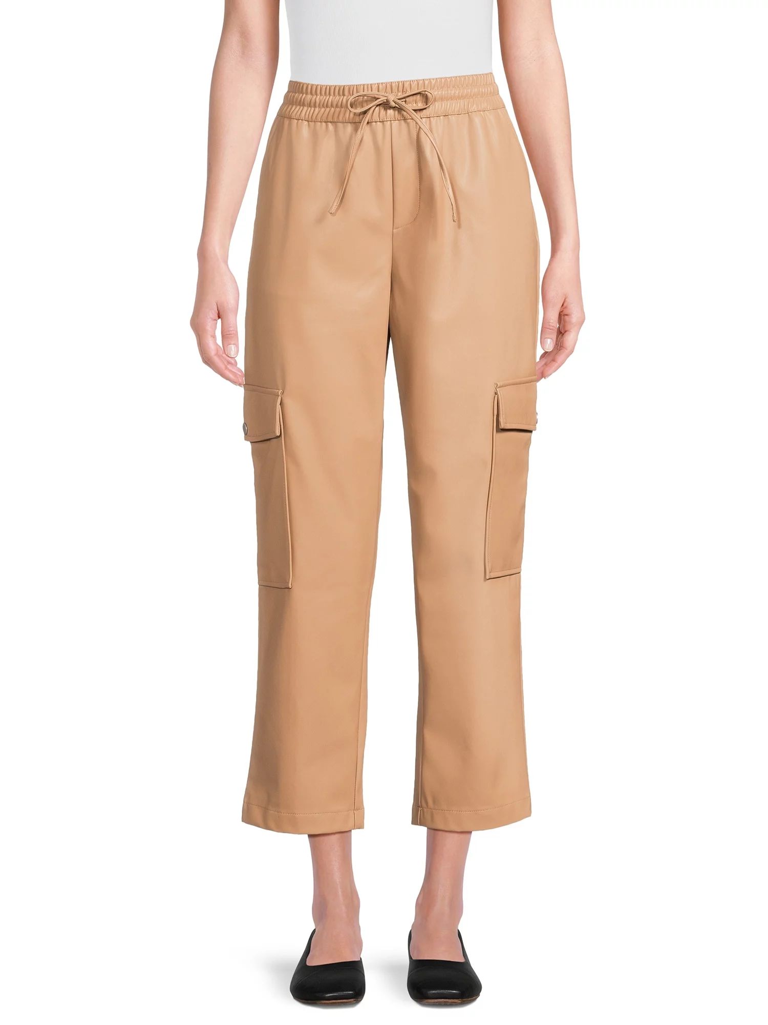 Time and Tru Women's Faux Leather Ankle Length Pull on Straight Leg Cargo Pants, 27" Inseam, Size... | Walmart (US)
