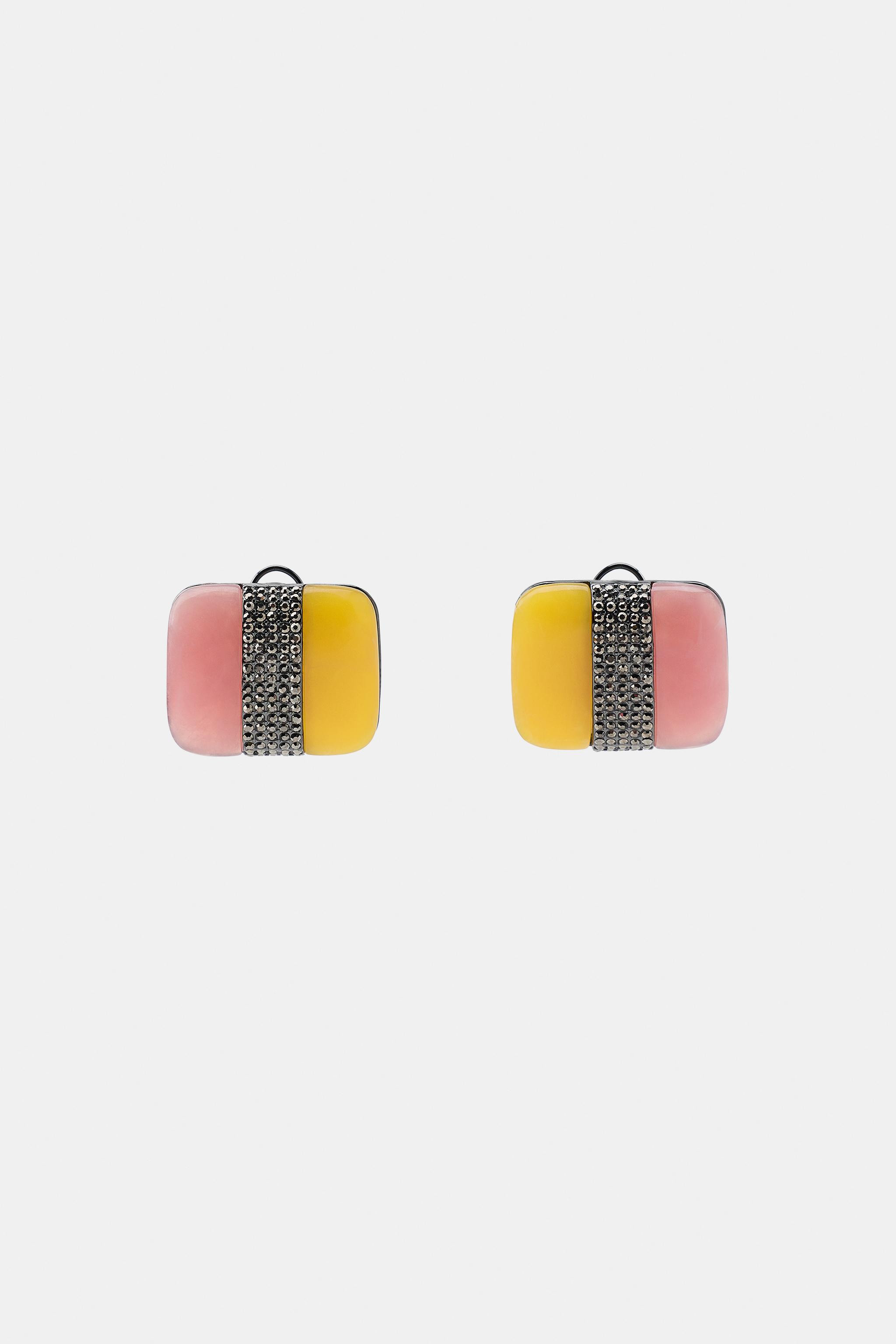 Button-style metal earrings with colored resin pieces. Contrast multi-rhinestone appliqu\u00e9. B... | Zara US