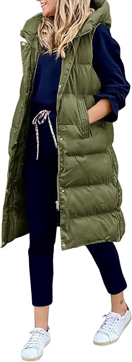 Women's Hooded Long Down Vest Full-Zip Sleeveless Puffer Vest Fashionable Coats Jacket | Amazon (US)