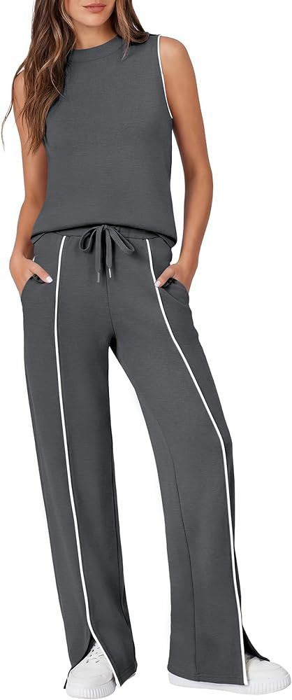 Casly Lamiit Women's 2 Piece Outfits Summer Casual Mock Neck Sleeveless Top Wide Leg Pant Sets Fr... | Amazon (US)