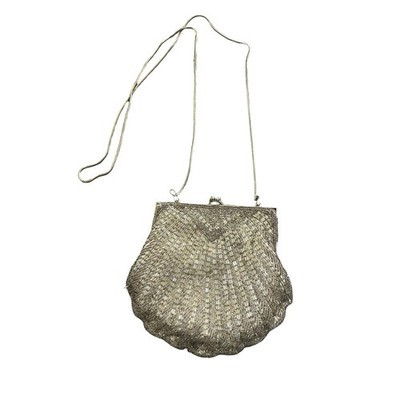 Carla Marchi Silver Beaded Shell ClamEvening Bag Purse Kiss Lock Shoulder Strap | eBay US