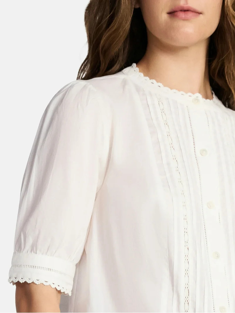 Time and Tru Women's and Women's Plus Cotton Lace Inset Blouse with Elbow Length Sleeves, Sizes X... | Walmart (US)