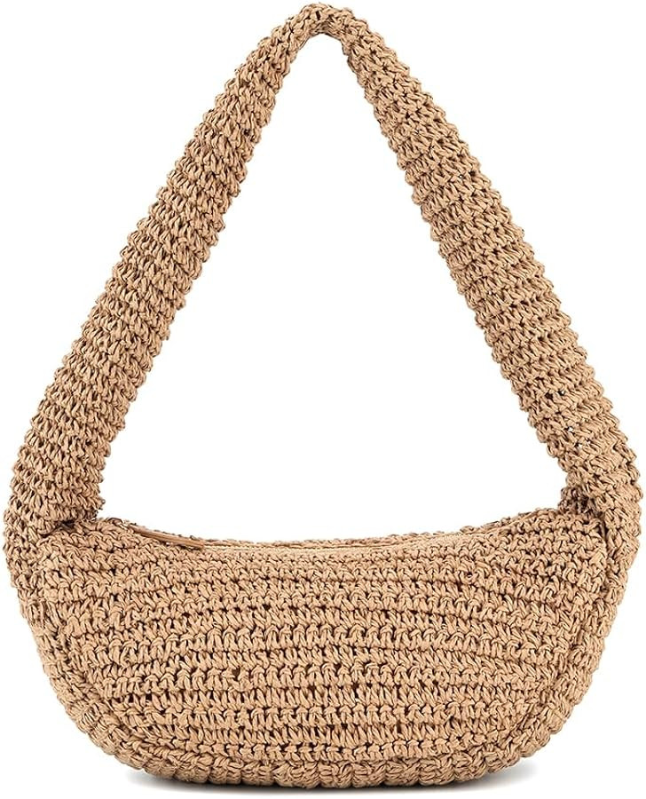 Crochet Straw Bag Summer Beach Bag for Women, Woven Hobo Shoulder Bag, Half Moon Tote Purse with ... | Amazon (US)