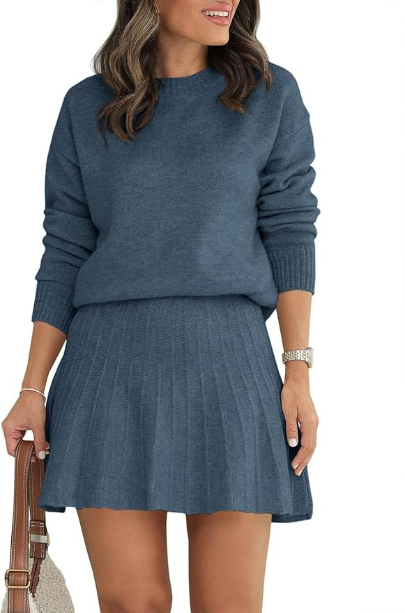 Tankaneo Womens Skirt 2 Piece Sweater Set Long Sleeve Crewneck Sweaters Pleated Mini Skirt Knit L... | Amazon (US)