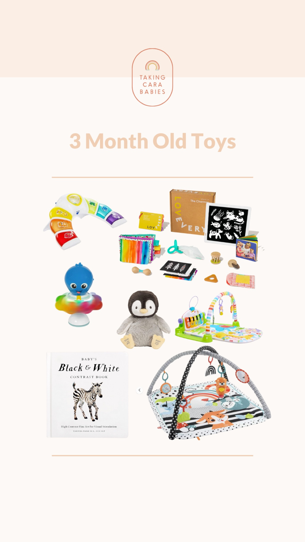 Activities for a 3 month old:

Use a playmat or play gym to encourage movement, like reaching and rolling. 
While you’re sitting on the floor in front of a couch, lay your baby on their tummy facing you. This allows time to practice lifting their head to see and interact with you. (Be sure that you are right there with them the whole time!)
Sing songs with motions like “Itsy, Bitsy Spider,” “Head, Shoulders, Knees, and Toes,” and “Wheels on the Bus.” Help move your baby’s arms to make the motions while you are singing.
Encourage your baby to explore their hands or feet by tickling them or clapping them together. 
Play around with tracking objects. Move objects slowly across your baby’s field of vision (about 10 inches away from them) to allow them to track the movement with their eyes. Your baby may even begin to bat at the object soon!

#LTKfindsunder50 #LTKfamily #LTKbaby