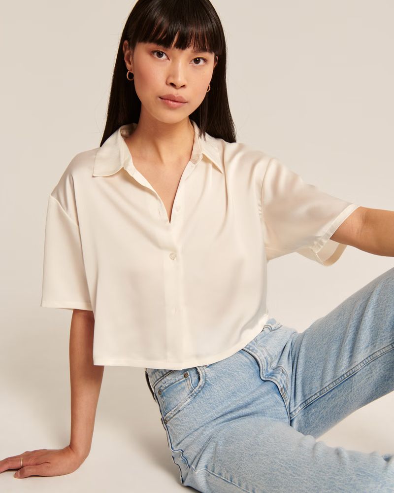 Short-Sleeve Boxy Satin Button-Up Shirt | Abercrombie & Fitch (US)