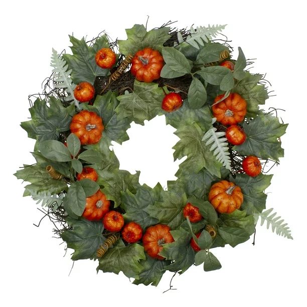 Autumn Harvest Maple and Fern Leaves With Pumpkins Grapevine Artificial Wreath - 24-Inch Unlit - ... | Walmart (US)