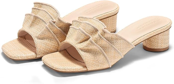 Coutgo Womens Raffia Chunky Low Heels Sandals Square Open Toe Mules Ruffle Slip On Summer Dress S... | Amazon (US)