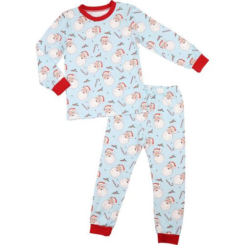 Blue Knit Vintage Santa And Candy Cane Pajamas | Cecil and Lou