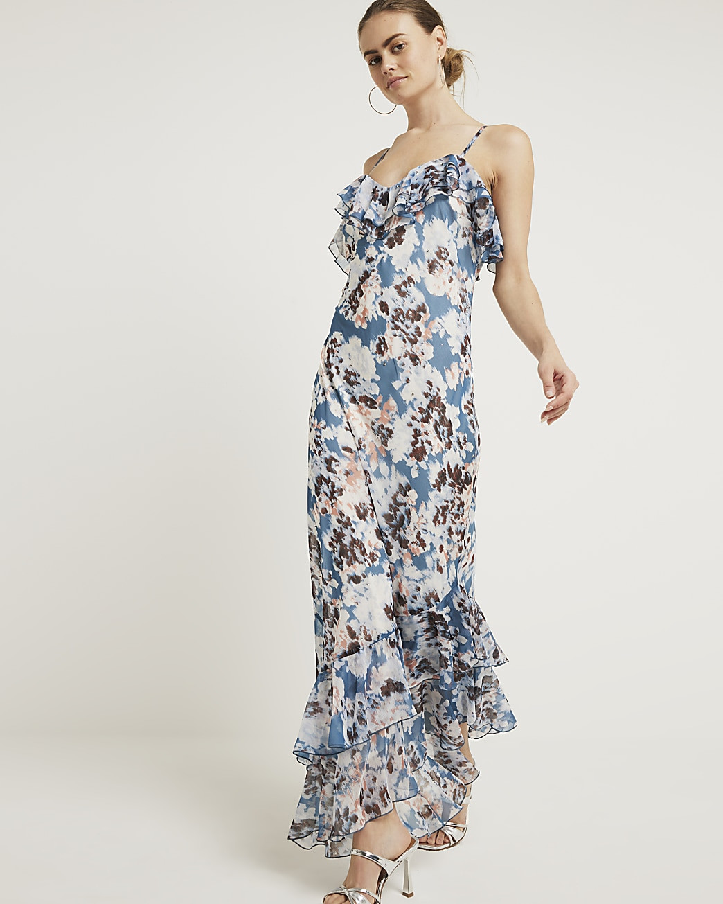 Blue Floral Ruffle Embellished Maxi Dress | River Island (UK & IE)