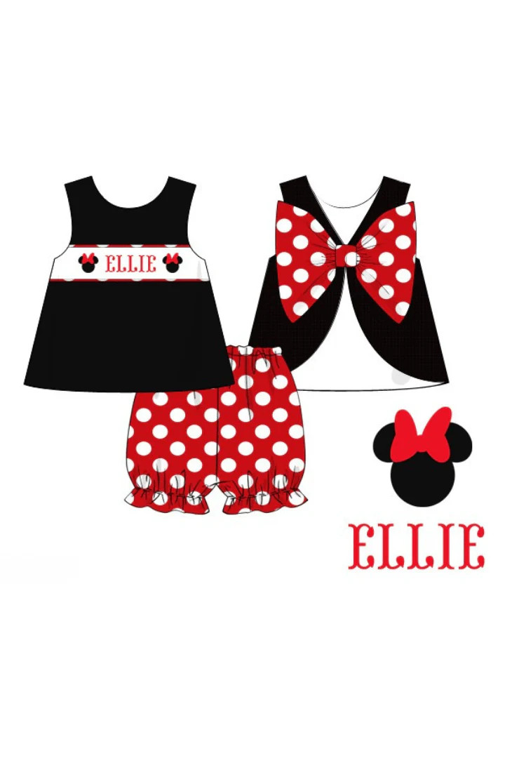 Pre-Order Custom Name Smocked Mouse Red and Black Polka Dot Bow Short | The Smocked Flamingo