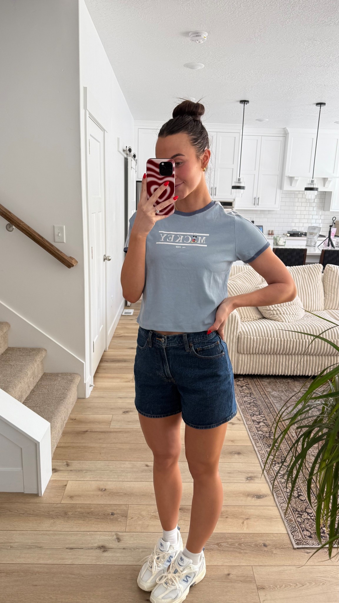 Still confused how this shirt is only $10 from Walmart. For all my Disney lovers it’s so cute. Also love these shorts so much. Wearing a size 27 & they fit like a glove  